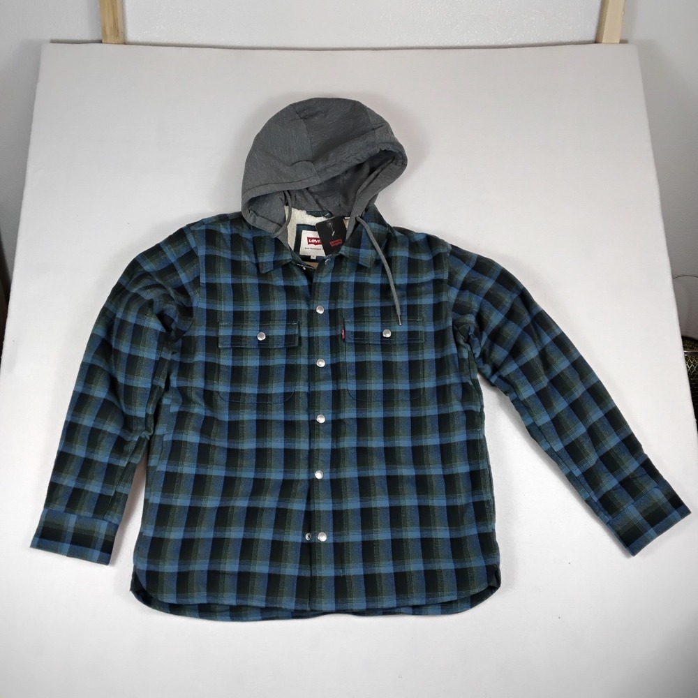 NWT Levis Mens Blue Plaid Sherpa Lined Hooded Flannel Jacket Snap Front Medium